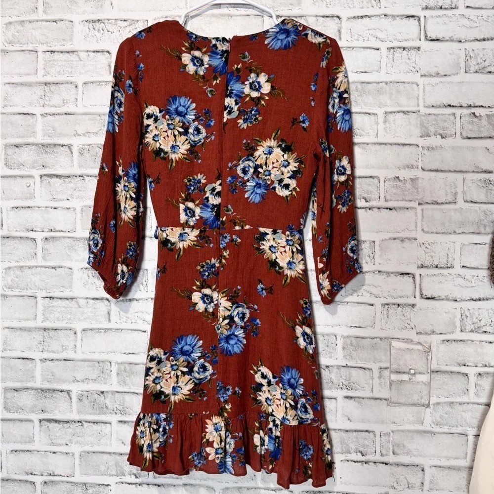 Altar'd State Rust Floral Wrap Mini Dress 3/4 Sleeve Ruffle Hem Small - Picture 6 of 12